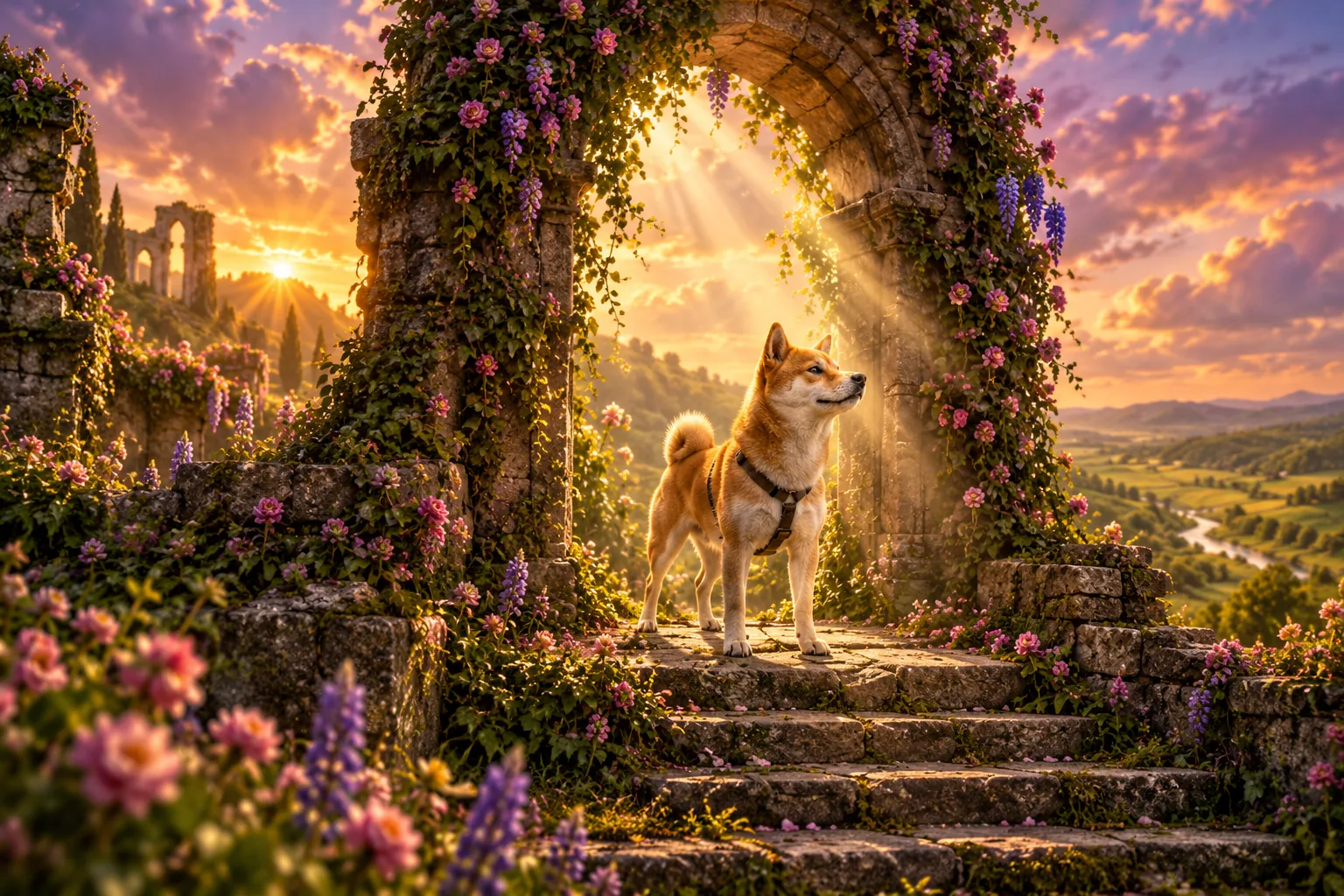 Believinu standing in a flower-covered stone archway