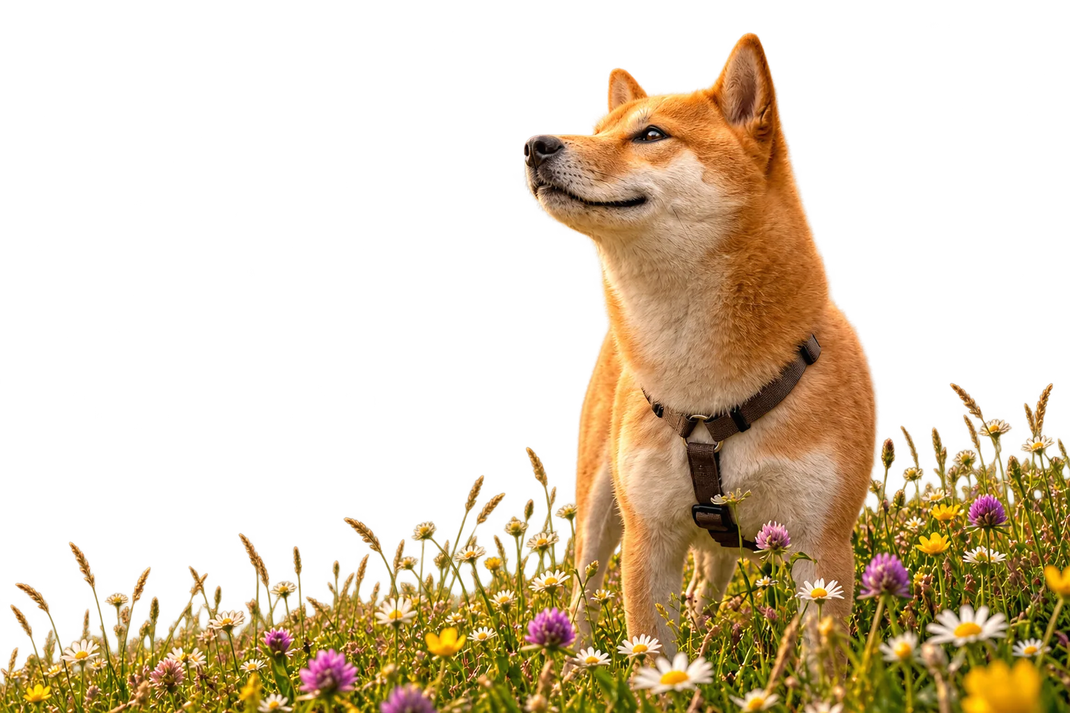 Believinu, a Shiba Inu in a harness, gazing at the sun over a golden valley
